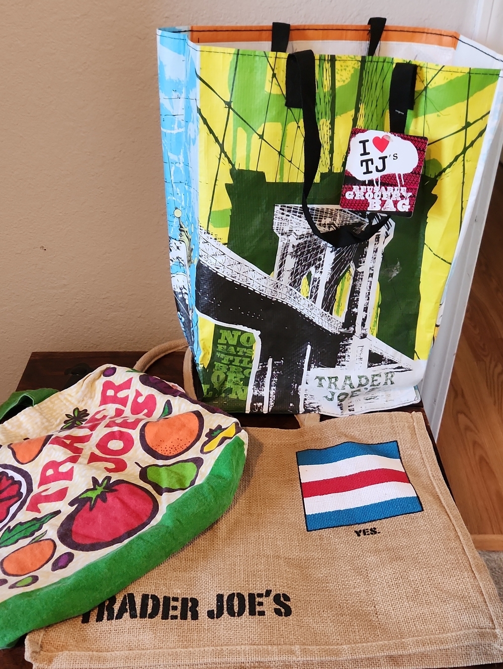 3 Multi-Color Reusable Trader Joe's Grocery Tote Bags and Trader Joe's Knit Cap!